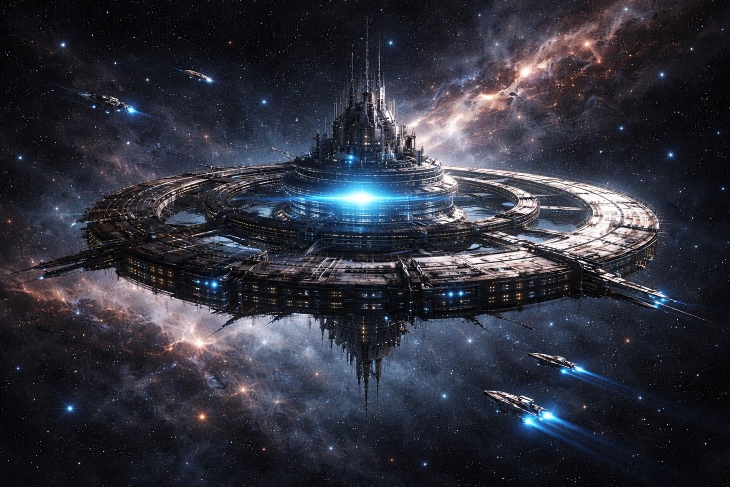 Futuristic circular space station with a glowing blue core, set against stars and a colorful nebula.