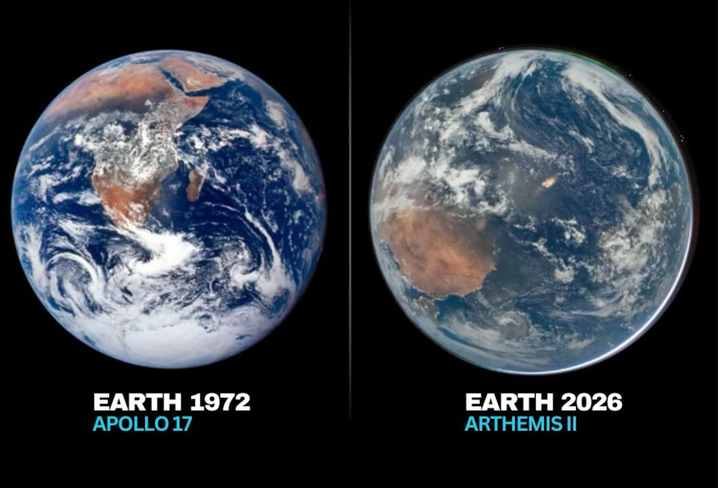 Side-by-side comparison of Earth from Apollo 17 in 1972 and from Artemis II in 2026.